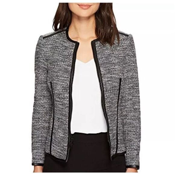 ANNE KLEIN Tweed Jacket Faux Leather Trim Size 10 Zip Up Blazer Office Workwear - Picture 2 of 10